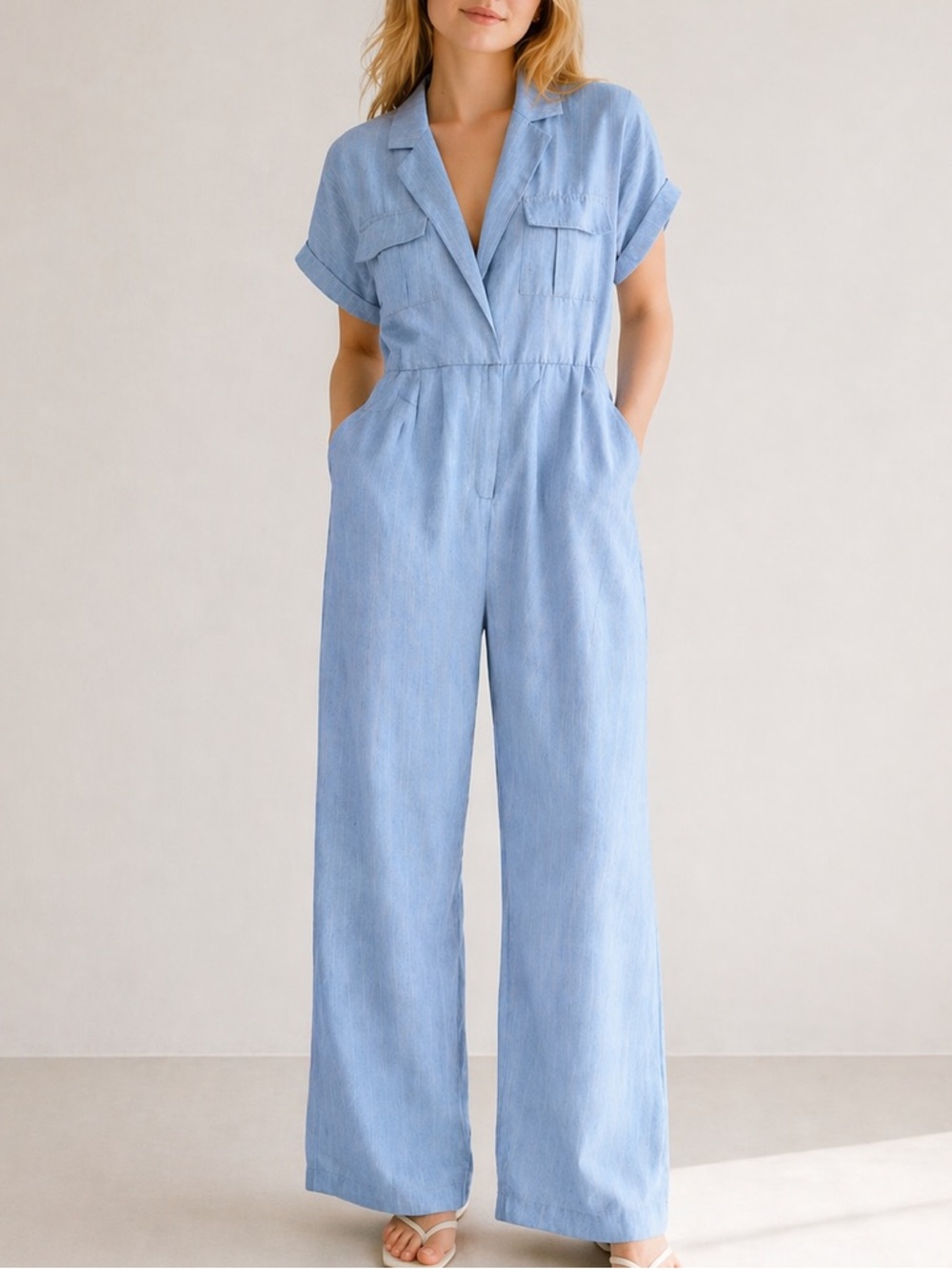 ๐๐ฆAlani Light Blue Linen Blend Jumpsuit NWOT Size L Wide Leg Romper Collared